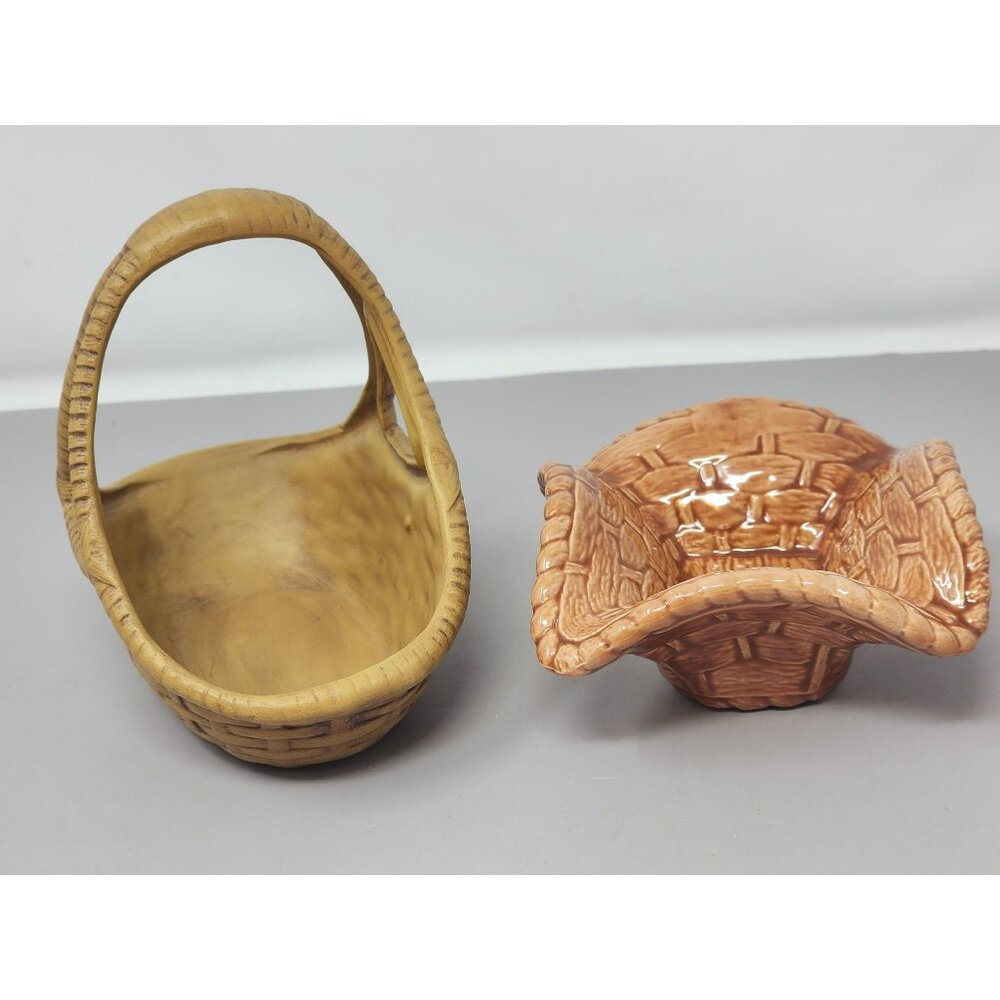 Vintage Ceramic Basket Set With Handle & Woven‎ Design One Is Signed